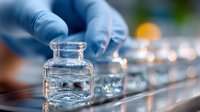 Medical professional in blue protective gloves handling glass vial with clear liquid in laboratory setting with multiple vials and blurred bokeh background.