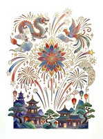 Colorful Asian-inspired celebration artwork featuring ornate dragon, phoenix, mandala flower, fireworks, and pagoda architecture on white background for design projects.