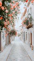Charming narrow cobblestone street with white buildings and blooming coral roses cascading from balconies, creating romantic Mediterranean atmosphere.