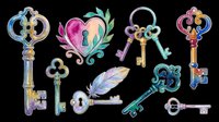 Colorful watercolor antique keys and heart lock clipart set, isolated on transparent background, ready for stickers, t-shirt design, and print on demand use.