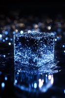 Glowing cube with sparkling blue lights and reflections on dark background creates magical atmosphere, abstract geometric shape with bokeh effect and water drops.
