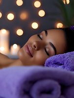 Young woman relaxing at luxury spa with purple towels and ambient bokeh lights creating peaceful atmosphere for wellness and beauty advertising.