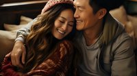 Young Asian couple sharing intimate moment on couch, laughing and embracing. Warm lighting creates romantic atmosphere for lifestyle and relationship content.