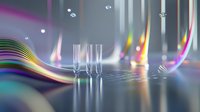 Empty champagne flutes on reflective surface with flowing rainbow light waves and bokeh effects creating magical atmospheric celebration mood.