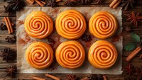Freshly baked spiral cinnamon buns on parchment paper with aromatic spices and star anise scattered around on rustic wooden background. Homemade pastry.