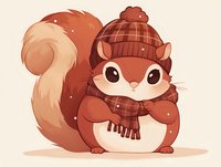 Adorable cartoon squirrel wearing plaid winter hat and matching scarf against light background, cute forest animal character in warm seasonal attire for children design projects.
