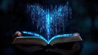 Glowing open book emitting magical blue binary code and digital data streams against dark background, symbolizing knowledge and digital transformation.