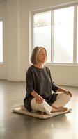 Mature Caucasian woman practicing meditation in lotus position on yoga mat in bright modern studio with natural sunlight streaming through windows.