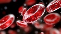 Red blood cells floating in plasma with water droplets and bokeh effect on dark background, microscopic medical visualization for healthcare and science.