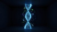 Glowing DNA double helix structure with digital particles on dark background for biotechnology and genetic research presentations.