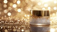 Luxurious cosmetic cream jar with golden sparkles and bokeh lights on glittery surface, reflecting elegance and premium skincare against shimmering background.