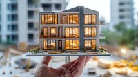 Modern architectural model of multi-story residential building with illuminated windows held in hand against construction site background.