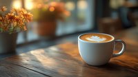 White ceramic cup of cappuccino with latte art on wooden table in morning light, orange flowers in soft focus background creates cozy cafe atmosphere.
