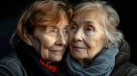 Close-up portrait of two elderly women with wrinkled faces embracing, wearing scarves against dark background, showing deep connection and lifelong friendship.
