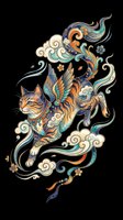 Ornate winged cat with decorative swirls and clouds, isolated on transparent background. Ready for t-shirt design, stickers, sublimation, print-on-demand products, and clipart applications.