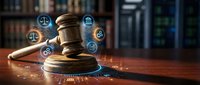 Wooden gavel with digital legal icons on desk in law library office. Legal technology concept for attorneys, courts, and justice system professionals.