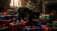 Black cat walking among wrapped gift boxes near decorated Christmas tree with warm holiday lighting.