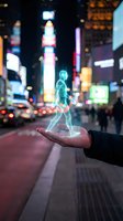 Futuristic holographic human figure walking on open palm in busy city street at night with neon lights and blurred traffic for technology and innovation concepts.
