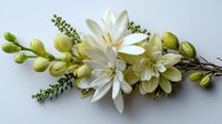 Elegant white floral arrangement with lilies, buds, and greenery on neutral background, perfect for wedding invitations and romantic designs.