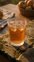 Chilled apple cider with ice cubes in a glass on a rustic stone surface, warm golden light, fresh apples in a basket in the background.