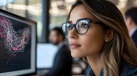Young Asian female professional in glasses analyzing data visualization on computer screen, focused on digital display showing pink particle graphics.