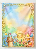 Cute watercolor kids frame with bear, fox, sun, flowers, and balloons on pastel rainbow background with gold border and copy space.