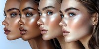 Four diverse women showcasing different skin tones and makeup looks in profile view for beauty and cosmetics advertising campaigns.