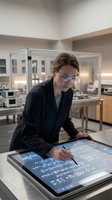 Female scientist in safety glasses working on digital touchscreen tablet with data analysis in modern laboratory for research and technology applications.