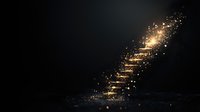 Glowing golden stairway ascending into darkness with magical sparkles and light particles creating mystical atmosphere against black background.