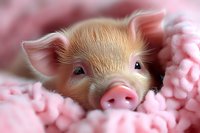 Adorable newborn piglet with pink snout nestled in soft pink blanket, close-up portrait showing detailed features and fuzzy fur. Perfect for animal care themes.