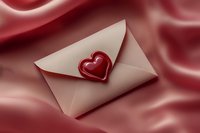 Romantic love letter envelope sealed with red heart wax stamp on silky burgundy background. Elegant Valentine's day or wedding concept for greeting cards.