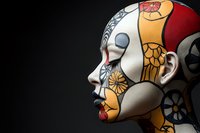 Artistic mannequin head with colorful floral pattern design in red, yellow and white against dark background, side profile view showcasing decorative details and curves.