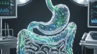 Transparent glass digestive system model with glowing green neural pathways displayed in medical laboratory setting with monitoring equipment.