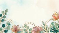 Soft watercolor floral background with pastel pink blooms, tropical leaves, and golden geometric frames on a light mint wash.