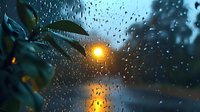 Raindrops on window glass with blurred street light creating golden glow at dusk, leaves visible in foreground.
