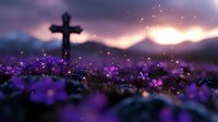Silhouette of ornate cross standing in field of purple flowers at sunset with glowing bokeh lights and mountains in background, suitable for religious and spiritual designs.