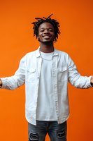 Young African American man with dreadlocks wearing white casual shirt and jeans, expressing joy with wide smile and open arms against vibrant orange background.