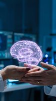 Hands holding glowing holographic brain with labeled regions in modern medical laboratory for neuroscience research and artificial intelligence applications.