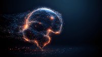 Glowing orange and blue particle network forming human head profile against dark background, digital neural connections illustrating artificial intelligence concept.