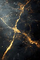 Dark marble texture with glowing golden cracks and veins creating an elegant abstract pattern against black background. Luxury design element for interiors.