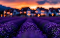 Lavender field rows at sunset with blurred village lights in background creating dreamy bokeh effect for romantic countryside and agricultural themes.