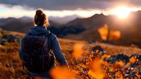 Young woman with backpack enjoying scenic mountain sunset view, standing on autumn hill with golden grass and wildflowers in foreground, dramatic sky.