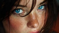 Young Caucasian woman with striking blue eyes and natural freckles, tousled brown hair partially covering face, intense gaze for beauty and portrait concepts.