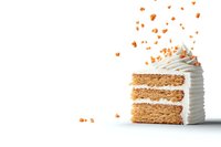Slice of layered carrot cake with cream cheese frosting and walnut crumbs scattered on top, isolated on white background for bakery and dessert menu designs.