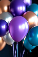 Festive purple, turquoise and metallic rose gold balloons bunch on dark background, close-up view with soft focus and party atmosphere lighting effects.