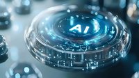 Futuristic glowing AI symbol on circular digital interface with holographic elements and circuit patterns in blue technological background.
