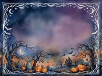 Halloween watercolor background with pumpkins, haunted house, bats, graveyard, and crescent moon, framed by ornate border with copy space.