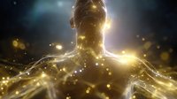 Glowing silhouette of person with luminous energy streams and golden light particles emerging from body against dark background, spiritual transformation concept.