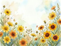 Watercolor wildflower meadow border with yellow and orange blooms on soft pastel background, perfect for spring and summer designs.