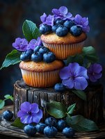 Fresh vanilla cupcakes decorated with ripe blueberries and purple flowers on rustic wooden stump, dark moody food photography styling for bakery promotion.
